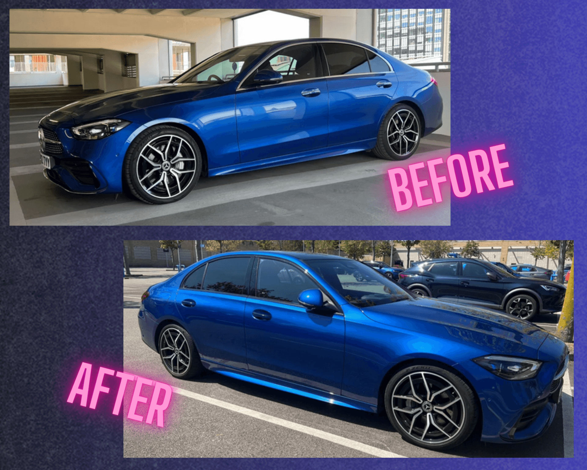 Before-and-after comparison of a blue sedan car parked in different locations.